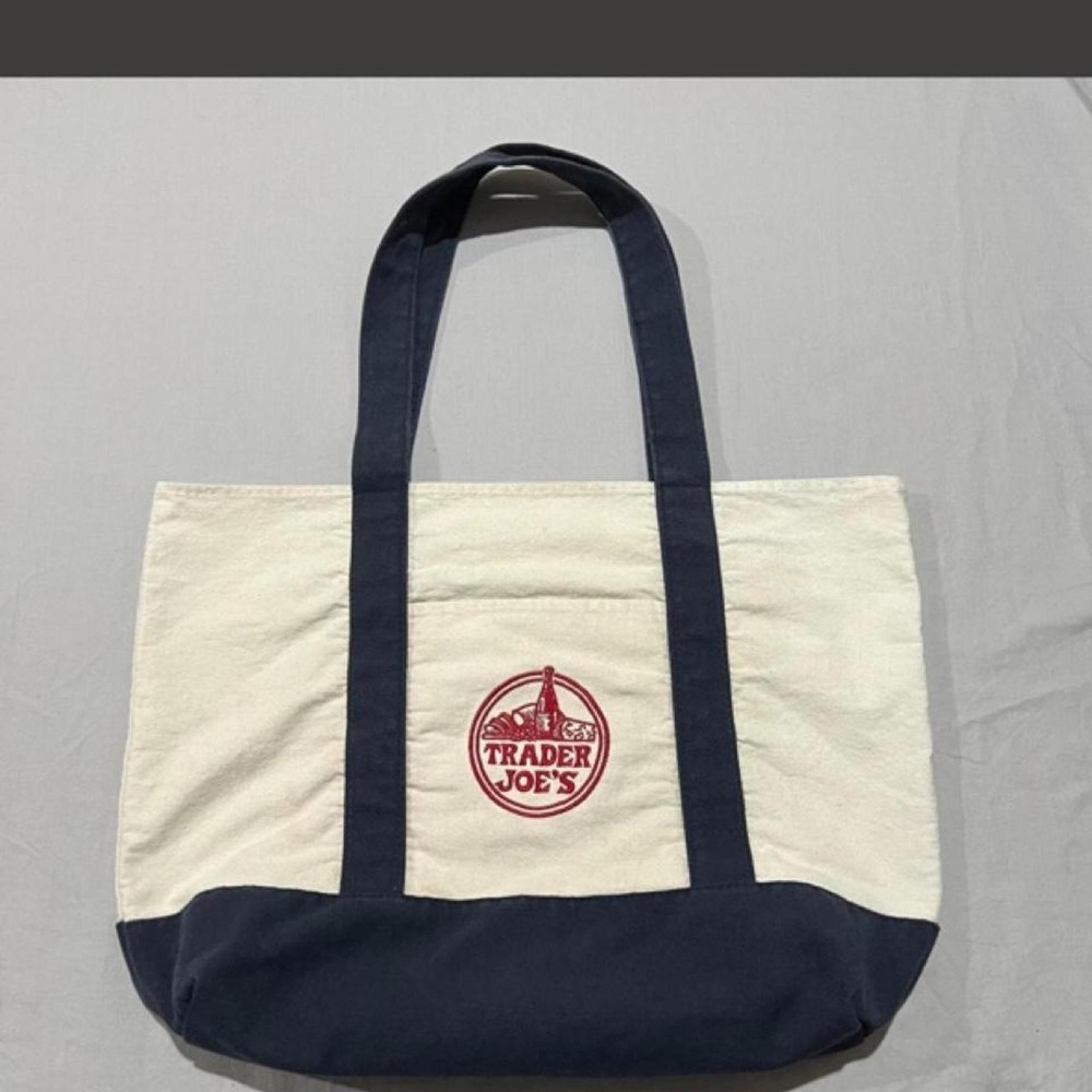 trader joes tote bag embroidered logo navy white canvas small minimalist